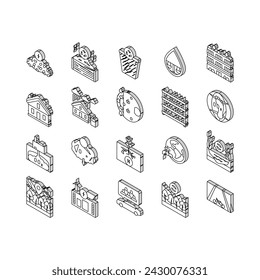 green environment earth nature isometric icons set. eco recycle, world save, ecology plant, environmental engineer, planet global day green environment earth nature color line