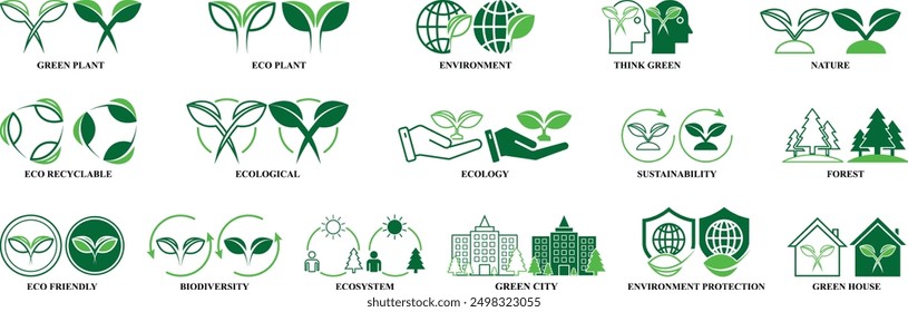 Conjunto de iconos de ecología ambiental verde. Medio ambiente, conjunto ecológico de iconos en estilo de relleno y línea. Conjunto de iconos de Naturaleza coloridos editables aislados sobre fondo blanco.