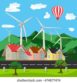 Green environment friendly city scene, flat style, vector illustration