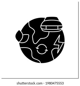 Icono de glifo de entorno verde. Sustituir los coches de gasolina por vehículos respetuosos con el medio ambiente. Auto eléctrico. Tecnología moderna. Concepto de conciencia ecológica.Signo plano relleno. Ilustración vectorial de silueta aislada
