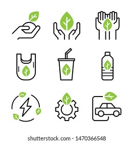 Green environment icons set. Nature conservation, holding green leaf, do not using plastic wastes, eco and green energy. Stroke outline style. Vector. Isolate on white background.