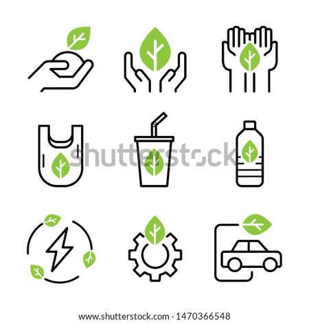 Green environment icons set. Nature conservation, holding green leaf, do not using plastic wastes, eco and green energy. Stroke outline style. Vector. Isolate on white background.