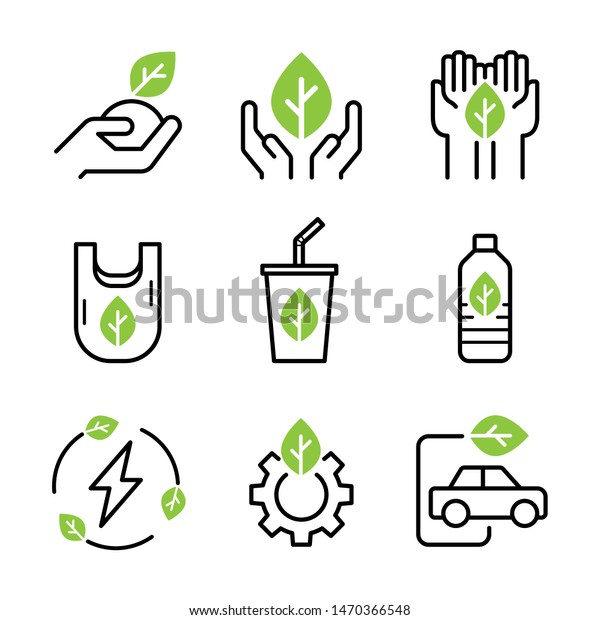 Green\
environment icons set. Nature conservation, holding green leaf, do\
not using plastic wastes, eco and green energy. Stroke outline\
style. Vector. Isolate on white\
background.