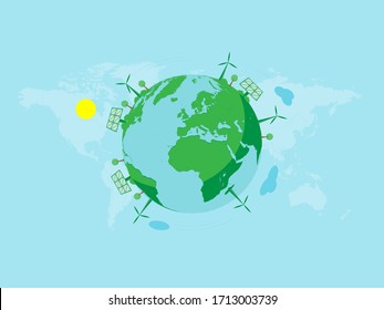 Green Environment on Earth. Design Concept for Green Future. Wind Powers and Solar Panels on Earth Globe. Vector Illustration