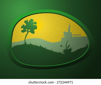 Green Environment on an Oval Shaped Stone, Vector Illustration. 