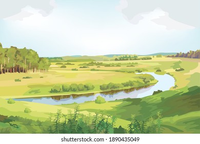 Green environment : panorama green meadow view and small bright river area