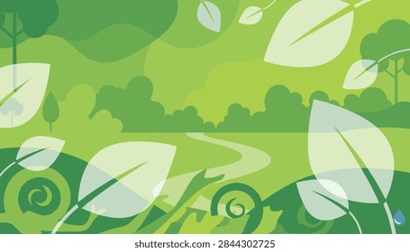Green environmental background showcases falling leaves, a winding forest pathway, and lush green woods.