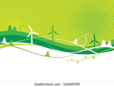 A green environmental background with trees and wind turbines