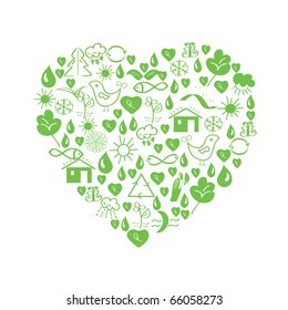 Green environmental heart with symbols