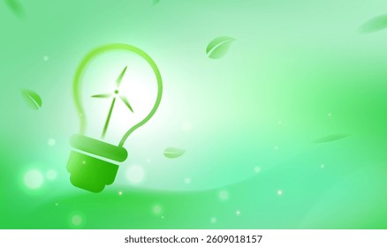 Green environmental protection horizontal illustration Green light bulb with electric windmill