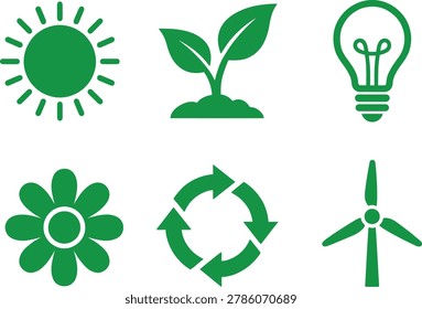 Green environmental set featuring a sun sprout lightbulb flower recycling symbol and wind turbine isolated on a white background as flat for sustainability concepts