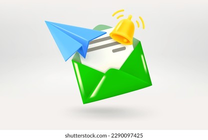 Green envolope, golden bell and blue plane. Sending or receiving a new message concept. 3d vector illustration