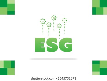 Green ESG text with energy icons and gear wheel on a white background. Environment, social, governance and sustainability development.  