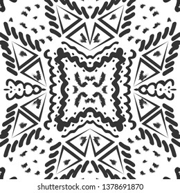 Green Ethnic Design. Chevron Brush Texture. Ikat Seamless Pattern. Geometric Hand Drawn Textile Ornate. Boho Print. Abstract Native Tie Dye Background.