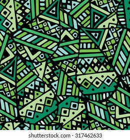 Green ethnic Mexican seamless pattern, hand drawn vector illustration