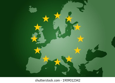 Green EU Map And Flag Background. Vector Illustration