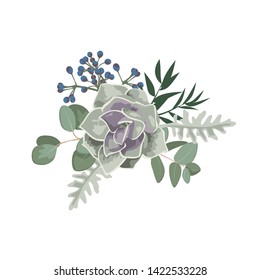 Green eucaliptus leaves, succulent. Wedding concept. Floral poster, invite. Vector illustration for greeting card or invitation design background