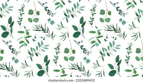 Green eucalyptus leaves set. Editable watercolor vector illustration. Greenery, silver dollar branches. Botanical, rustic designer elements for wedding invite, save the date, pattern isolated on white