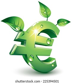 Green euro sign with green leaves. Eps8. CMYK. Organized by layers. Global colors. Gradients used.