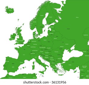 Green Europe map with countries and capital cities