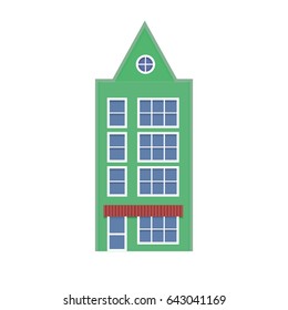 Green European Four Storey House with a Pointy Roof Icon - Vector Illustration