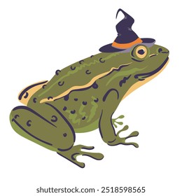 Green European frog with spotted skin. Witch familiar, totem animal, magical pet. Flat graphic vector illustration of marsh toad.