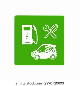 Green EV car repair sign with plug and station isolated on white background, Illustration vector