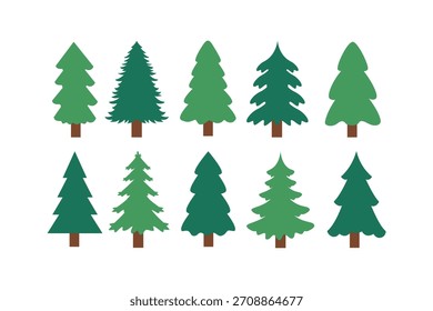 Green Evergreen Tree Collection. Decorative Winter Pine Tree Set. Winter Evergreen Decoration Pack.