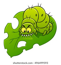 Green evil caterpillar eats leaf. Garden pest illustration.