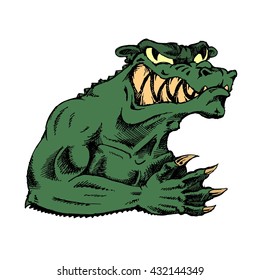 Green evil monster. Hand drawn vector stock illustration. Colored image white isolation.