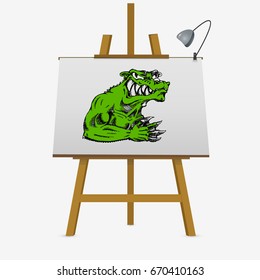 Green evil monster. Hand drawn vector stock illustration. Colored image on easel