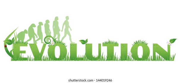 Green Evolution/Evolution text decorated with,flowers,water drops,ladybug and ape to man silhouettes  isolated on white