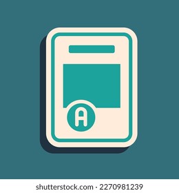 Green Exam sheet with A plus grade icon isolated on green background. Test paper, exam, or survey concept. School test or exam. Long shadow style. Vector