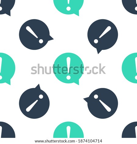Green Exclamation mark in circle icon isolated seamless pattern on white background. Hazard warning symbol. FAQ sign. Copy files, chat speech bubble. Vector.