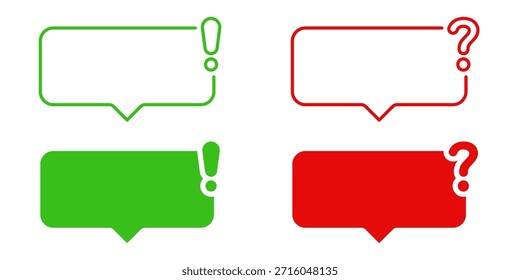 Grüne Ausrufezeichen und rote Fragestellung Sprechblasen Rahmen-Set. Kommunikation, Abfrage und Warnmeldungssymbolsammlung. Dialog und Interaktion. Isolierte Vektorgrafik.
