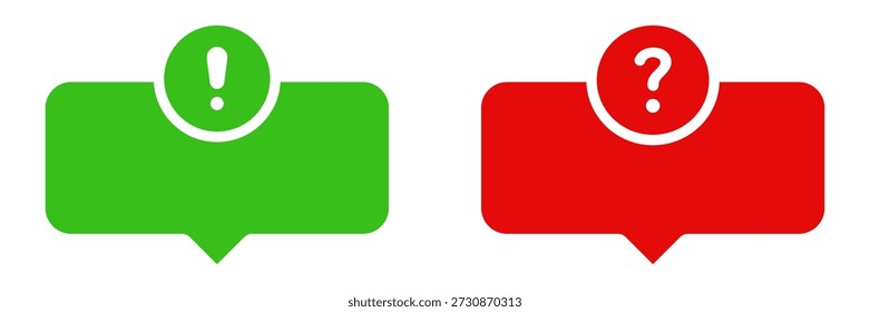 Green Exclamation And Red Question Speech Bubbles Solid Icon Set. Communication, Inquiry, And Alert Silhouette Symbol Collection. Dialogue And Interaction. Isolated Vector Illustration.