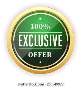 Green exclusive offer button with gold border on white background