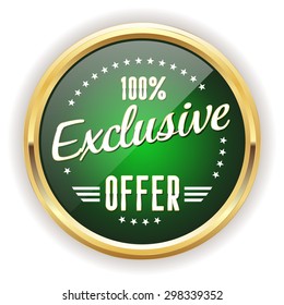 Green exclusive offer button with gold border on white background