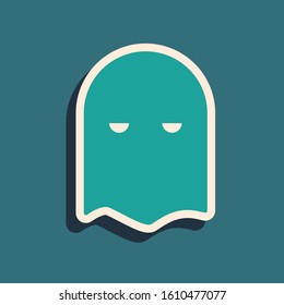 Green Executioner mask icon isolated on blue background. Hangman, torturer, executor, tormentor, butcher, headsman icon. Long shadow style. Vector Illustration
