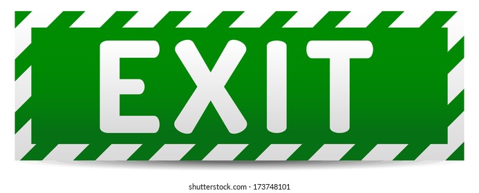 Green Exit board with reflection and shadow on white background.