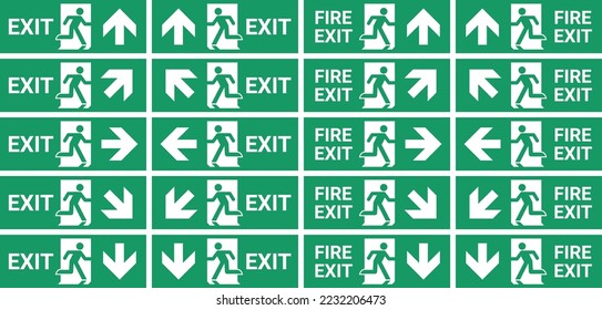 Green exit and fire exit signs