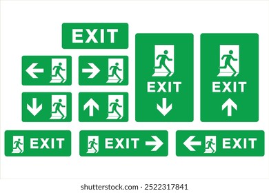 Green Exit Sign Collection mit Walking Man Icon. Flache Vektorgrafik für Sicherheitsbeschilderung. Bearbeitbare und skalierbare EPS-Datei. einzeln auf weißem Hintergrund