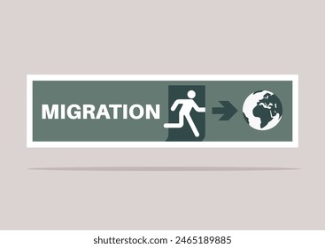 A green exit sign featuring the word Migration and a running figure heading toward an icon of the Earth, symbolizing global movement