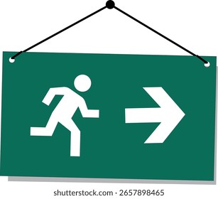 green exit sign on a string on the door or wall information about the direction