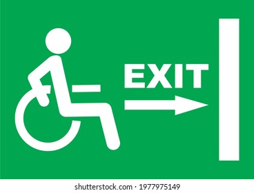 green exit sign plate with a disabled, man figure and arrow to the door as an instruction for directions in case of an emergency, vector icon
