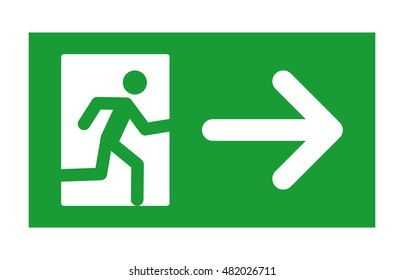 Green exit sign with running man and right arrow flat vector sign / icon for print