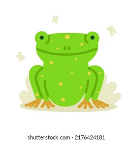 Green exotic frog vector illustration. Flat spotted toad with red legs sitting, fun froggy. Funny cartoon animal character isolated on white background