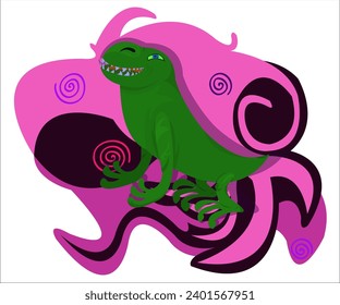 Un lagarto verde exótico sobre un fondo vintage y fantasioso. Esta ilustración de caricatura puede ser usada como un logotipo para zoológico, turismo, viajes, safari y grupos creativos, veterinarios. Vector, aislado.