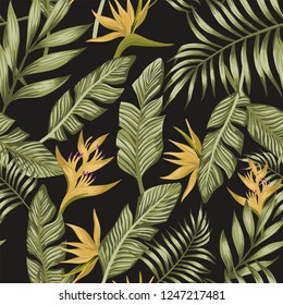 Green Exotic Palm Banana Leaves Yellow Tropical Flowers Bird Of Paradise Seamless Pattern Vector Black Background