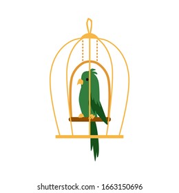 Green exotic parrot bird in cage icon, flat cartoon vector illustration isolated on white background. Colorful logo or emblem for pets shop or veterinary clinic.